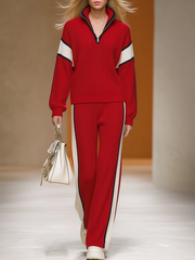 Retro Sports Style Contrast Color Knit Top And Pants Set