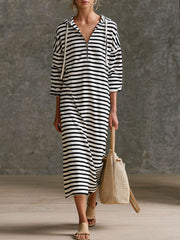 Casual Sporty Retro Black And White Striped Pure Cotton Hooded Midi Dress