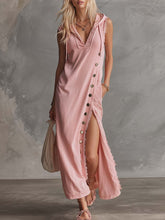 Elegant Retro Sporty Hooded V-neck Sleeveless Lace Trim Side Slits And Button Pink Cotton Midi Dress