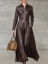 Exquisite Temperament Front Zipper Long Sleeve High-quality Brown Leather Maxi Dress