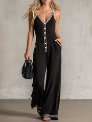 Color-blocked V-neck Button-down Double-pocket Sleeveless Jumpsuit