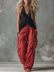 Retro Casual Workwear Style Black V-Neck Mesh Top And Red Cotton Pants Set