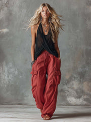 Retro Casual Workwear Style Black V-Neck Mesh Top And Red Cotton Pants Set