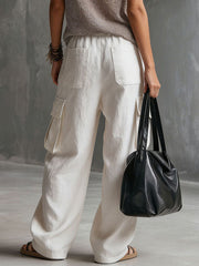 Casual Retro White Cotton And Linen Cargo Pants
