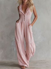 Casual Retro Ruffled Pink Sleeveless V-neck Button Cotton And Linen Jumpsuit