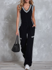 Retro Casual Sporty Color-blocked Black Sleeveless V-neck Cotton Jumpsuit