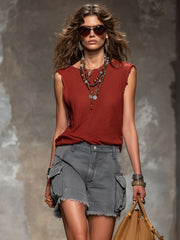 Casual Retro Deep Red Cotton Frayed Round Neck Top