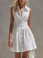 Casual Retro White Sleeveless Collared Button-down Pleated Cotton Linen Mini Dress