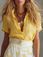 Elegant Summer Yellow Cotton-Linen Short-Sleeve Vacation Shirt