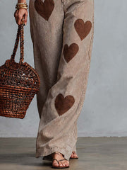 Retro Casual Comfortable Heart Pattern Brown Striped Pants