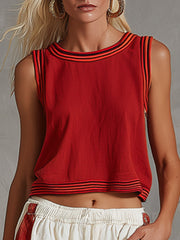 Casual-chic Striped Trim Red Cotton-linen Tank Top