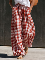 Casual Retro Red And White Gingham Cotton-Linen Trousers