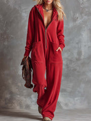 Retro Lazy Sporty Hooded V-neck Long-sleeved Front Zipper Raspberry Red Cotton Jumpsuit