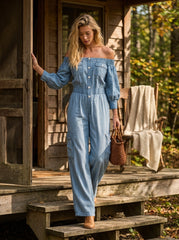 retro off-shoulder big-pocket denim jumpsuit