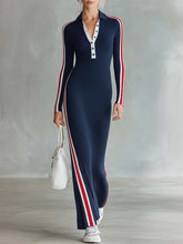 Retro Sporty Navy Striped Polo Half-Button Long-Sleeve Knit Maxi Dress
