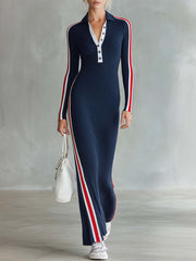 Retro Sporty Navy Striped Polo Half-Button Long-Sleeve Knit Maxi Dress