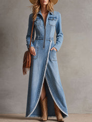 Elegant Retro Blue Denim Zip-up Long-sleeved Split Frayed Maxi Dress