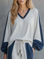 Casual Retro Color-blocked V-neck Long-sleeved Sweatshirt And Pants Set