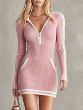 Retro Elegant Pink Collared Long-sleeved Knit Mini Dress