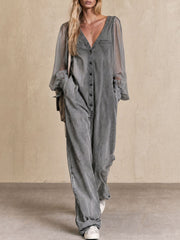 Retro Gray Mesh Sleeve Button V-neck Denim Wide-leg Jumpsuit