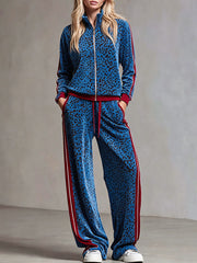 Casual Retro Zip-up Blue Velvet Leopard Print Jacket And Pants Set