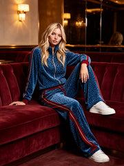 Casual Retro Zip-up Blue Velvet Leopard Print Jacket And Pants Set