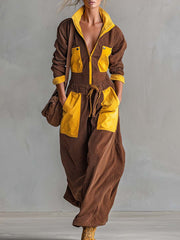 Retro Brown Mustard Color-Block Corduroy Zip-Front Wide-Leg Cargo Jumpsuit