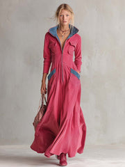 Retro Raspberry Corduroy Hooded Zip-Front Long-Sleeve Fit-And-Flare Maxi Dress