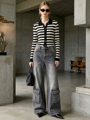Casual Retro Frayed Gray Cargo Jeans