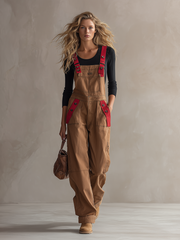 Retro American-style Adjustable-strap Red-paneled Big-pocket Wide-leg Jumpsuit
