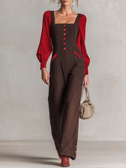 Retro Dark-coffee Square-neck Red-button Contrast-color-sleeve Fitted Wide-leg Jumpsuit