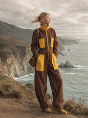 Retro Brown Mustard Color-Block Corduroy Zip-Front Wide-Leg Cargo Jumpsuit