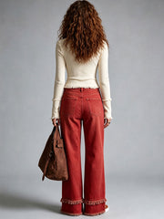 Casual Retro Frayed Off-White Long-Sleeve Knitted T-Shirt