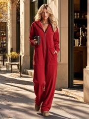 Retro Lazy Sporty Hooded V-neck Long-sleeved Front Zipper Raspberry Red Cotton Jumpsuit