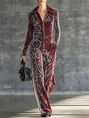 Casual Retro Striped Abstract Leopard Print Long-Sleeved Velvet Jumpsuit
