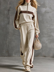 Retro Sporty Color-blocked Beige Cotton Top And Pants Set