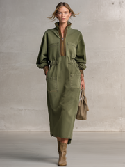 Retro Stand-collar Half-zip Striped Cuffed Belted Workwear Dress