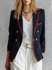 Retro Casual Style With Orange Piping Loose-fitting Navy Blue Blazer