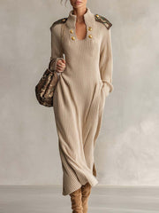Elevated Oatmeal Ribbed Knit High-Neck Epaulette Long-Sleeve Sweater Maxi Dress