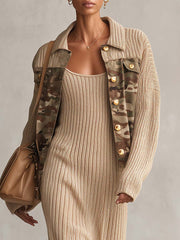 Military Oatmeal Knit Camo-Trim Gold-Button Oversized Collared Jacket With Pockets