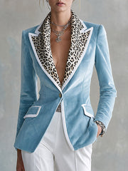 Elegant Urban Leopard-print Collar Piped Trim Light Blue Velvet Blazer