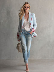 Retro Blue Striped Color-blocked Cotton Blazer
