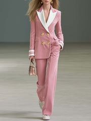 Preppy Pink Corduroy Double-Breasted Blazer And Wide-Leg Pants Suit Set