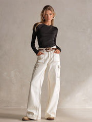 Classic Contrast-Stitching Off-White Utility Pocket Wide-Leg Jeans