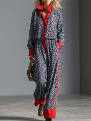 Retro Leopard Print Red-Contrast Collared Long-Sleeve Wide-Leg Chiffon Jumpsuit