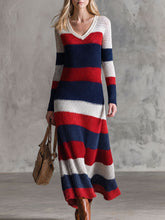Retro Red And Blue Color-blocked V-neck Long-sleeved Knit Midi Dress