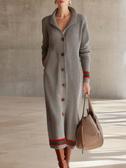Grey Chunky Ribbed Collared Button-Front Varsity-Stripe Oversized Maxi Duster Cardigan Women