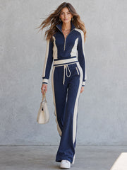 Casual Retro Sporty Blue And White Color-blocked Cotton Top And Pants Set