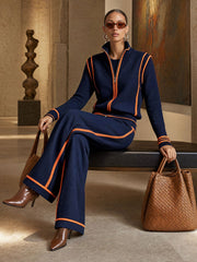 Casual Sporty Color-blocked Navy Blue Zip-up Sweatshirt And Wide-leg Pants Set