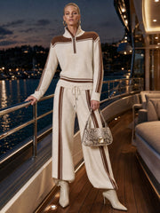 Fashionable Retro Color-blocked Half-zip Knit Pullover Wide-leg Pants Set